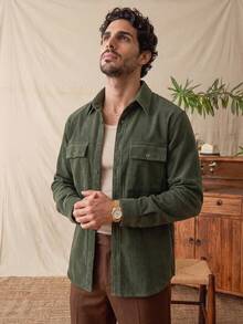 glestore Kemeja Lengan Panjang Korduroi Polos Gaya Retro Kasual Pria - Sempurna untuk Semua Musim dan Mudah Dipadukan dengan Pakaian Apa Pun - Hijau Tentara - View 1