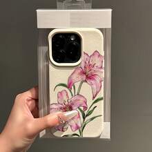 1件白色磨砂極簡鏡頭保護水彩粉色百合花紋手機殼，適用於 iPhone 16 Pro Max/17/16/15/14 Plus/13/12/11/Air 及系列 - 彩色 - 查看 3