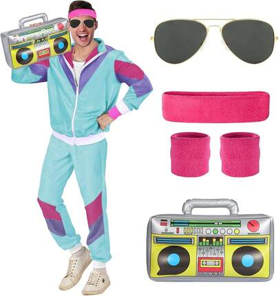 Costumes de Carnaval des années 80 et 90 pour hommes et femmes, costume de survêtement rétro des années 80 avec lunettes de pilote, bandeau, brassards et boombox gonflable, costume de carnaval des années 1980 pour les fêtes de carnaval et Halloween.