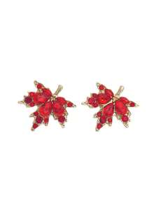 1 Pair Fashionable Elegant Red Rhinestone Maple Leaf Stud Earrings, High-End Luxury Versatile Autumn/Winter Earrings - Gold - View 5