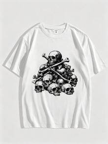 T-shirt con stampa di teschi e ossa incrociate, stile horror dark punk streetwear. - Bianco - Visualizzare 1