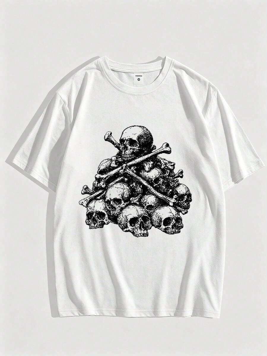 T-shirt con stampa di teschi e ossa incrociate, stile horror dark punk streetwear. - Bianco - Visualizzare 1