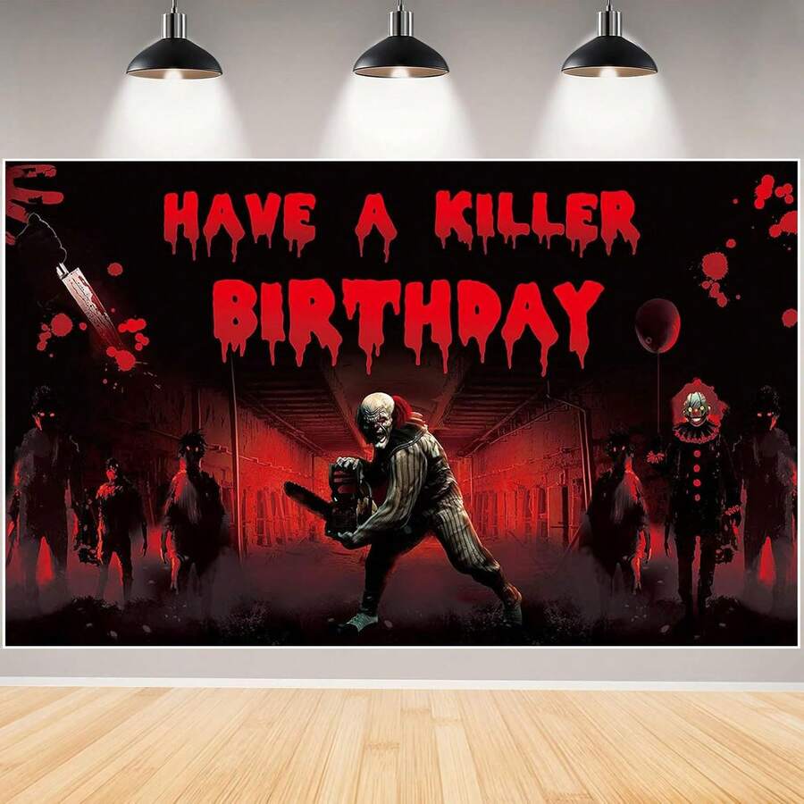 1件 Have A Killer 生日裝飾 恐怖生日派對背景布 萬聖節恐怖主題裝飾 Have A Killer 電影橫幅背景 電鋸道具 萬聖節裝飾 - 查看 1