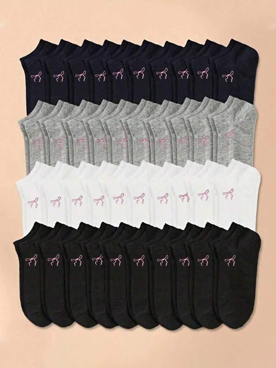 20 Pairs Solid Color Butterfly Comfortable Breathable Short Socks, Casual Boat Socks, Regular Business Minimalist Style, Random Colors - Multicolor - View 1