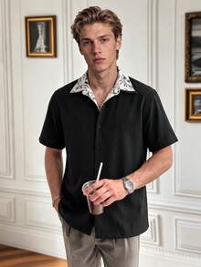 Men's Black Short Sleeve Shirt, Floral Print Collar, Casual Loose Fit Button-Up - Black - View 10