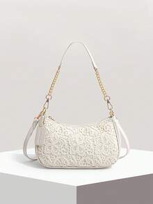 Gentle, Sweet And Fashionable Solid Color Shoulder Bag, Chain Shoulder Strap Splicing Design, Elegant And Exquisite Atmosphere Crossbody Bag. - White - View 6
