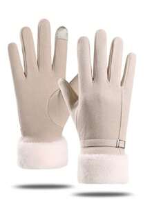 Women's Winter Hat And Touchscreen Gloves Set, Solid Color Elegant Luxury Design, Made Of Faux Fur And Suede-Like Fabric, With Plush Cuffs And Exquisite Metal Buckle - Multicolor - View 12