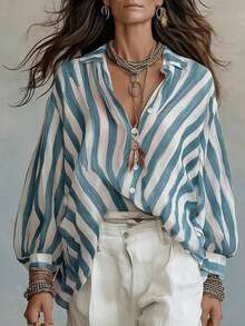 Kemeja Lengan Panjang Wanita Ukuran Besar Motif Garis-garis dengan Kancing Depan - Blue and White - View 3