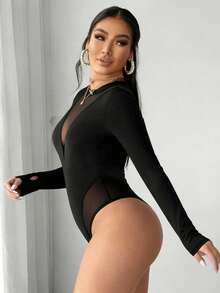 Women's Plus Size Mesh Patchwork Bodysuit, Sexy Women's Bodysuit For Autumn Black Fall - Black - View 3