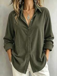 Women's Corduroy Shirt Solid Color Long Sleeve Button Down Collar Casual Loose Fit Top Fashion Daily Wear - Army Green - View 3