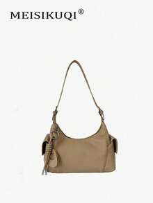 Tas Selempang Wanita Kasual Warna Khaki Muda dengan Kantong Samping dan Tali Bahu Lebar yang Dapat Diatur, Model Selempang, Cocok untuk Bepergian. - Khaki - View 1