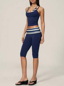 TimeOff Women's One Set Striped 2 In 1 Patchwork V-Neck Spaghetti Strap Double Shoulder Thin Strap Tank Top And Folded Waist Mid-Length Pants Sports Set - Blue - View 9
