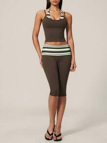TimeOff Women's One Set Striped 2 In 1 V-Neck Halter Tank Top With Folded Waistband Shorts Gym Sports Set - Brown - View 5