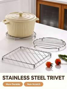 1pc Stainless Steel 4-Legged Stand, Heat-Resistant Kitchen Table Mat, Square Iron Electroplated Pot Holder, Coaster, Stainless Steel Heat Insulation Pad, Desktop Anti-Scald Protection, Suitable For Restaurant, Kitchen, Baking - View 4