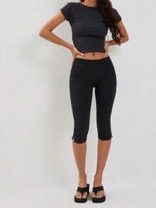 Pantalones de otoño para mujer negros ajustados capris Y2K para atuendos casuales diarios, salidas, atuendos de club, streetwear para mujer verano - Negro - Ver 1