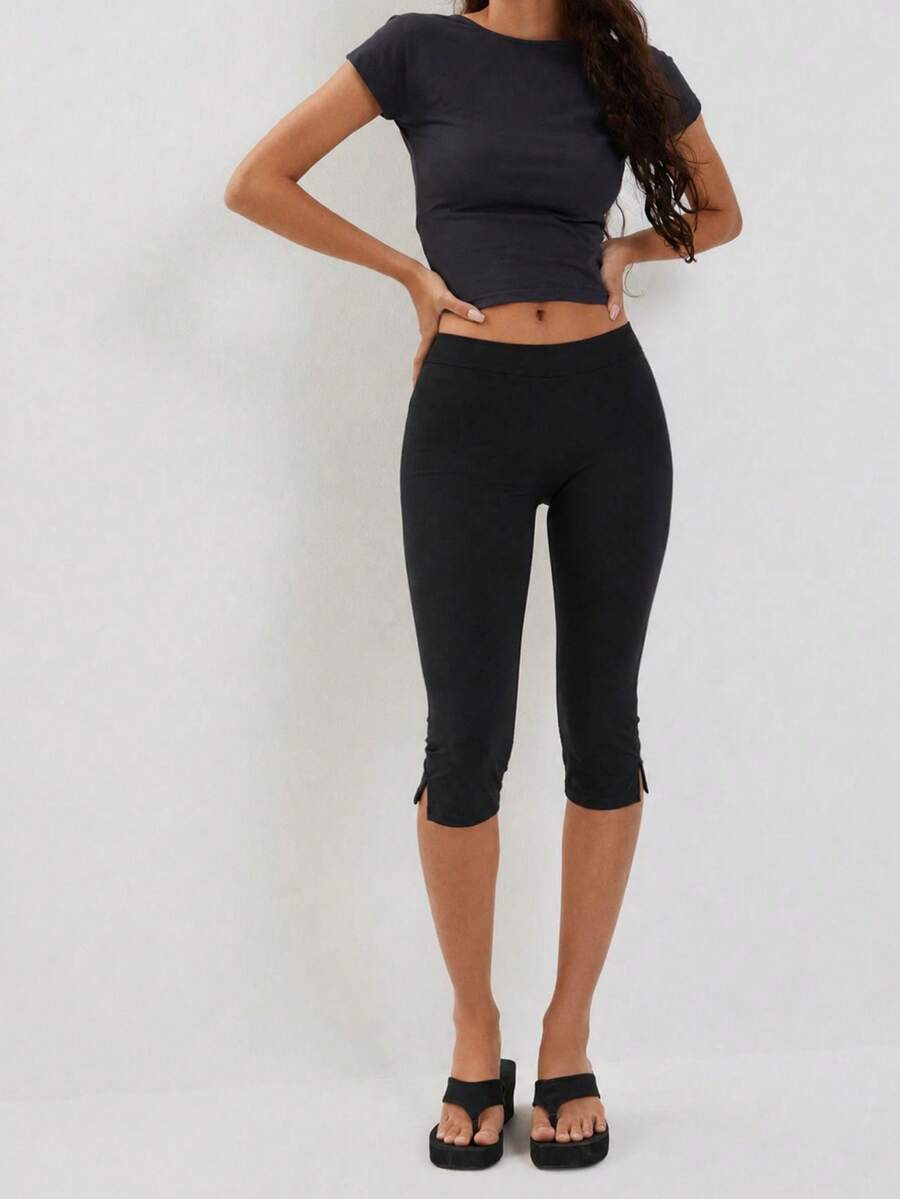 Pantalones de otoño para mujer negros ajustados capris Y2K para atuendos casuales diarios, salidas, atuendos de club, streetwear para mujer verano - Negro - Ver 1