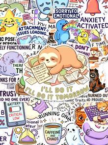 TOM AND JERRY. 50pcs Funny Mental Health Meme Stickers, Emo Anxiety Introvert Relatable Cartoon Quote Stickers, Suitable For Journals, Water Bottles, Laptops, Suitcases, Scrapbooks - Multicolor - View 4