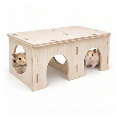 Cross-Border Hot-Selling 3-Arch Solid Wood Hamster Hideout Assembly-Style Golden Hamster Cage Interior Exploration Tunnel Nest House Wooden Hamster 2-Room Hideout Tunnel Multi-Room Exploration Toy Hamster Hiding Maze Tunnel Toy Platform