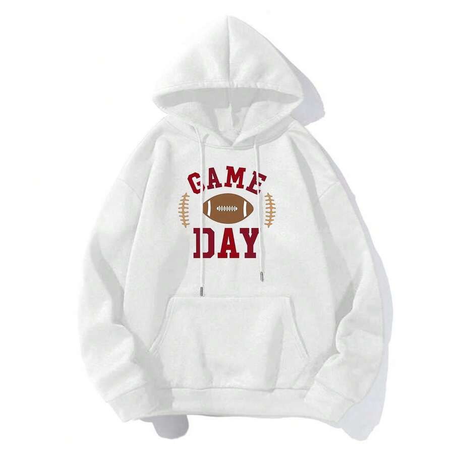American Football Print Hoodie, Warm Hooded Jacket, New Loose-Fit Printed Style - 白色1 - 查看 1