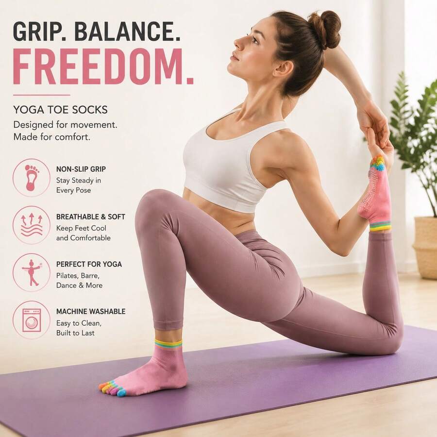 Women's 5-Toe Non-Slip Yoga Socks, Silicone Grip Pilates Socks, Breathable Split-Toe Socks, Suitable For Yoga, Pilates, Ballet, Dance, Fitness Training, Home Exercise, Comfortable Sports Socks That Can Be Used With Foldable Yoga Mats - Multicolor - View 1