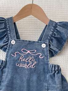 Cute & Playful Baby Girl Denim Romper With Ruffle Flutter Sleeves, Chest Embroidery, Adjustable Button Shoulder Straps - Medium Wash - View 3