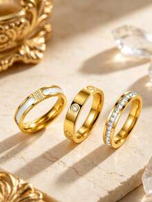 Set Cincin Wanita Stainless Steel Bertatahkan Elemen Daun Semanggi Elegan 3 Buah Satu Baris, Cocok untuk Kasual, Kencan, Berbagai Acara atau Hadiah Liburan untuk Teman - WD008JZ-8+JM757JZ-8+FSY034JZ-8 - View 8