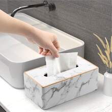1pc Gold Trim PU Leather Tissue Box, Marble Pattern Tissue Box (Random Style), Home Decor, Room Decor, School Must-Haves - Black and White - View 4