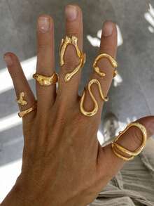 6pcs Fashion Minimalist Punk Hip Hop Old Money Style Asymmetrical Liquid Geometric Shape Gold Rings Set For Men, Beach Vacation, Date, Daily Commute, Versatile Gift For Boyfriend, Friend, Father - Yellow Gold - View 1