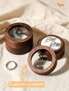 MerexSync 1pc Personalized Round Walnut Wood Ring Box With Transparent Window, Customizable Laser Engraved Initials And Date, Wooden Ring Box, Suitable For Wedding Proposal Engagement Anniversary Gift, Wedding Decoration, Wedding, Birthday Gift, Customized, Wedding Accessories, Bride, Personalized - Multicolor - View 2