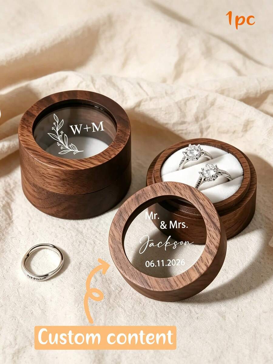 MerexSync 1pc Personalized Round Walnut Wood Ring Box With Transparent Window, Customizable Laser Engraved Initials And Date, Wooden Ring Box, Suitable For Wedding Proposal Engagement Anniversary Gift, Wedding Decoration, Wedding, Birthday Gift, Customized, Wedding Accessories, Bride, Personalized