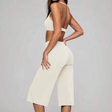 Women's 2 Pieces Summer Set, Backless Halter Top With Short Wide Leg Pants, Suitable For Vacation, Dating And Daily Wear. Sports Outfit - White - View 5