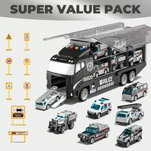 TEMI 兒童玩具車 7合1運輸車玩具，多功能貨櫃卡車與6輛合金小車，互動玩具車，適合3歲及以上兒童，生日與聖誕理想禮物（配件顏色隨機） - 黑色 - 查看 10