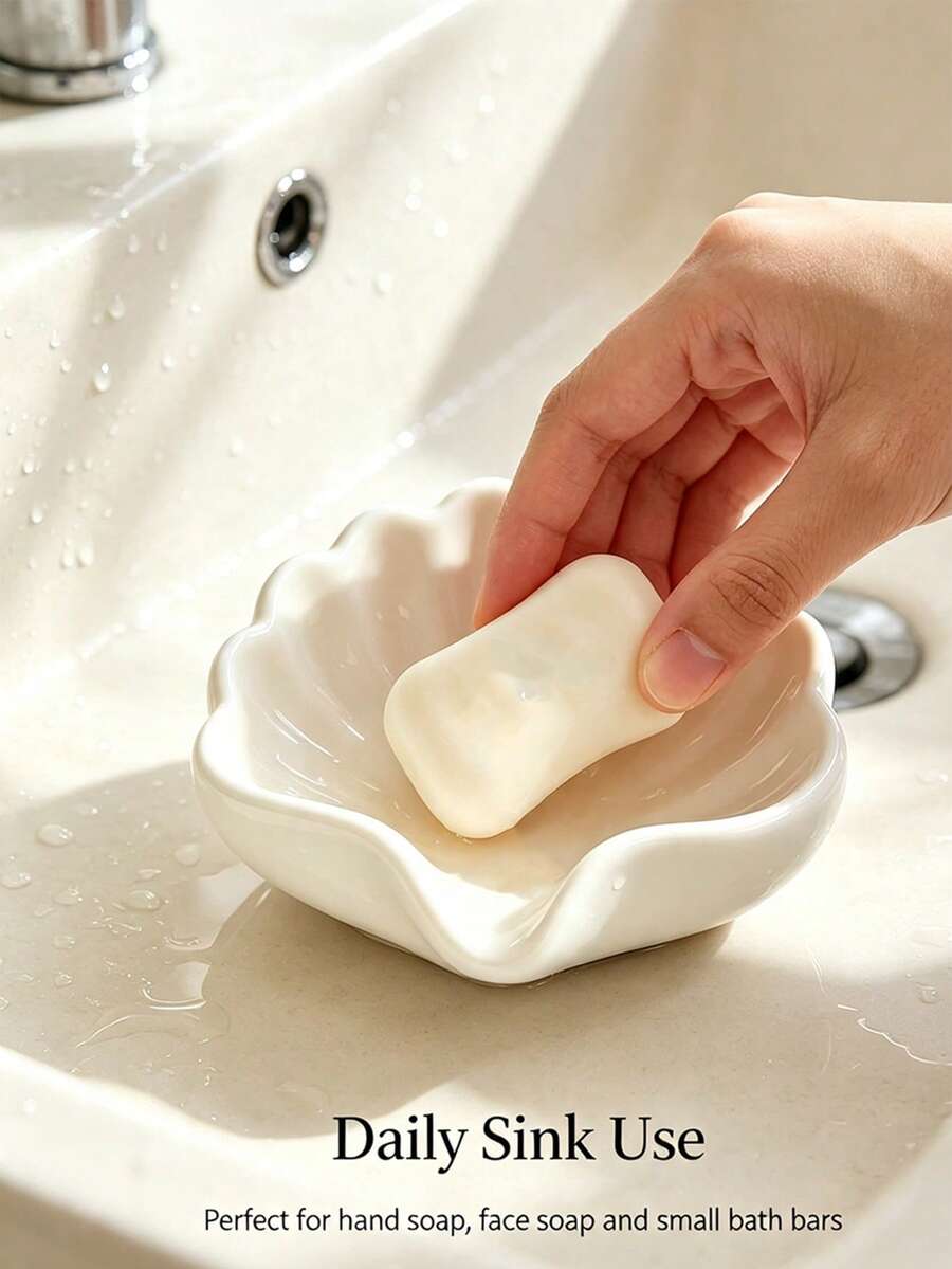 2/1pc Nordic Style Shell Shaped Soap Dish,Multifunctional Makeup & Jewelry Storage Tray, WhiteDesktop Decor, Bathroom Accessories, Non-Slip SoapHolder, Vanity Countertop Organizer, Minimalist , Bathroom Essentials