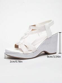 Women's Elegant White Braided Wedge Sandals, Open Toe Braided Elastic Back Strap Design, Suitable For Weddings, Parties, Commuting, Office, Summer Daily Wear - White - View 7