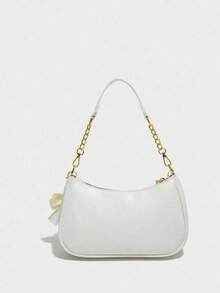 Bolsa de Ombro Feminina Cor Sólida Material PU, Letras, Laços e Pingentes de Pérola - Branco - Visão 4