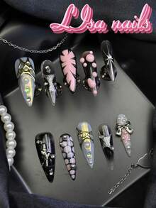 10pcs Handmade Fully Covered Stiletto Nails Press On Nails,Black Fake Nails,Glossy Minimalist Y2K Cool Harajuku Reusable,With Jelly Glue&Nail File,Suitable For Daily Festival Party Cosplay,Girly Wild Animal Print Edgy Cute Retro Manicure Gift - Black - View 3