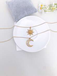 1pc Stainless Steel Waterproof Non-Fading Vintage Smiling Face Moon Sun Pendant Necklace Choker Chain Suitable For Women's Daily Wear - Large Gold - View 3