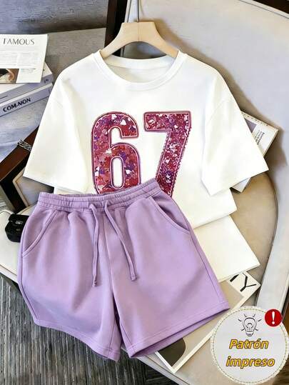 Camiseta+mujer shorts,Camiseta estampada para mujer con números grandes 67 estampados en tonos rojo rosado, diseño de collage en gran formato