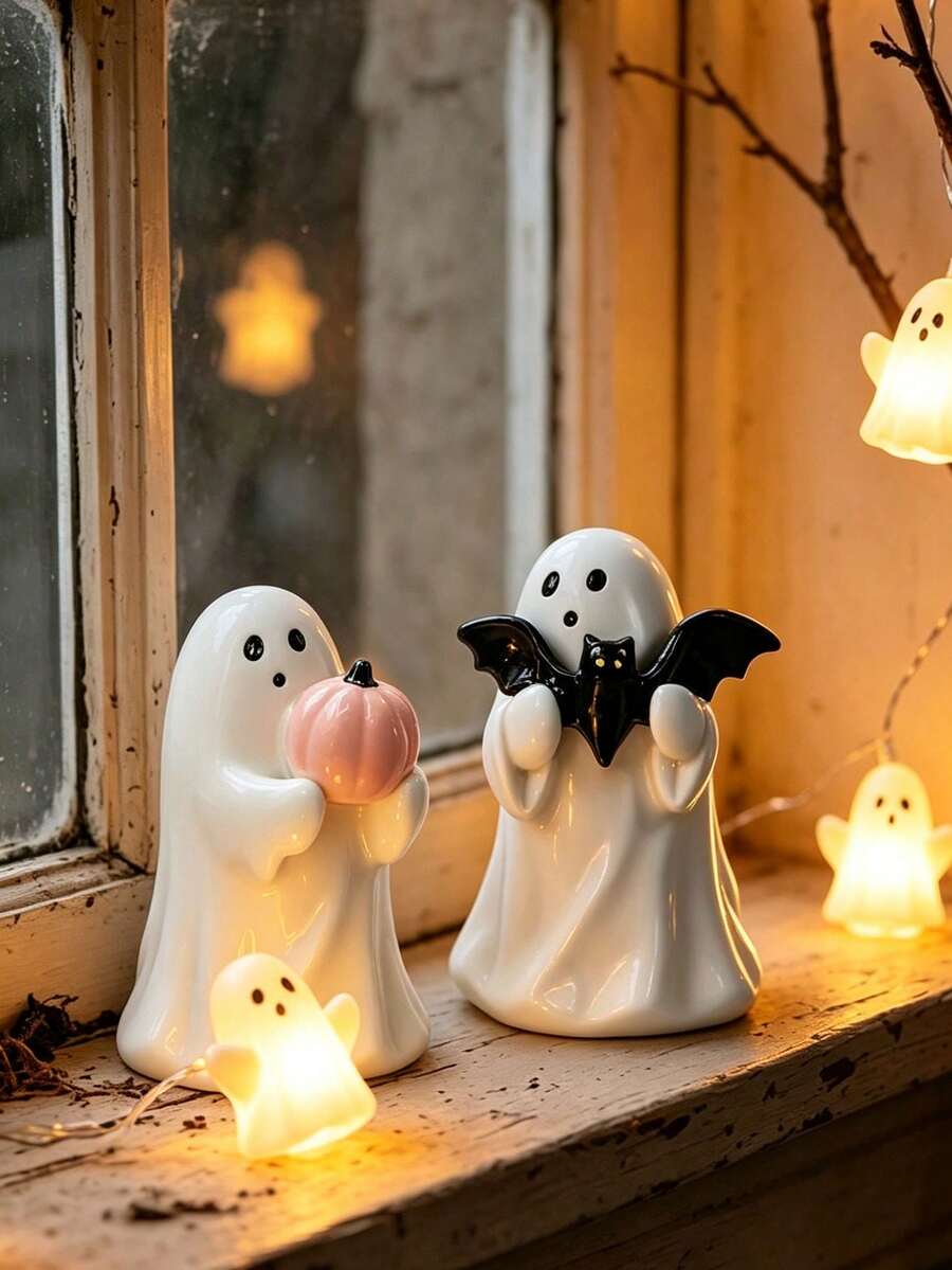 1 Set Bat Ghost Sculpture, Halloween BOO Ghost Decoration, Vintage Halloween Ghost Decor Ornament, Resin Ghost Desktop Craft Statue, Vintage Resin Ghost Figurine With Bat And Pumpkin, Collectible Halloween Decor Statue, Halloween Gift - A - View 1