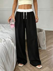 Women's Colorblock Waist Design Elastic Band Pocket Loose Jogger Pants Black - Black - View 5
