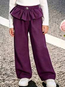 Girls' Spring/Autumn/Winter Patchwork Pleated Ruffle Wide Leg Pants, Elastic Waist Design No Belly Pressure, Pair With Simple White T-Shirt For Instant Campus Fresh Look, Pair With Blouse For Street Cool Sweet Style, Suitable For Campus Wear, Outdoor Activities, Daily Wear, 8-13 Years Old - Purple - View 2