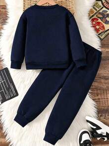 Boys' Cartoon Print Warm Crew Neck Sweatshirt And Sweatpants - Royal Blue - View 2