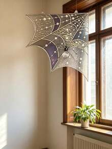 1 pieza Decoración de marco de puerta y ventana con telaraña y araña de Halloween, adorno colgante de acrílico con arañas falsas, cadenas y anillos, decoraciones perfectas de Halloween para la parte superior de puertas y ventanas - multicolor - Ver 5