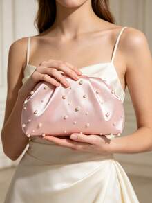 1pc Pink Satin Silk Soft Pearl Cloud Pleated Clutch Bag With Chain Strap, Suitable For Evening Party And Formal Occasions, Elegant Purse Prom Pouch - Baby Pink - View 2