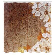 Grunge Shower Curtain, Flowers And Leaves Pattern On Cracked Wall With Floral Lines Classic Design, Cloth Fabric Bathroom Decor Set With Hooks, 70" L - White Brown - View 2