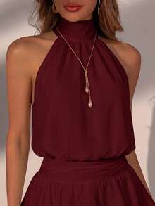 Elegante vestido mini de moda con cuello halter, espalda descubierta y volantes en capas para boda - Burdeos - Ver 8