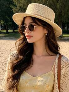 1pc Women's Straw Hat, Bohemian Polyester Fiber Fashion Outdoor New Style, Wide Brim Personalized Sun Protection Breathable Solid Color Straw Hat Suitable For Daily Outdoor Travel - Multicolor - View 7