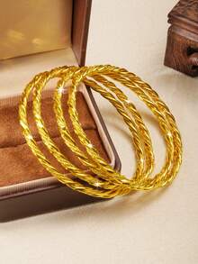4Pcs 21K Gold Plated Twisted Banajer Bracelets Set For Women, Textured Rope Wave Stackable Bangles, Dubai Bridal Saudi Wedding Jewelry Gift - 01 - View 3