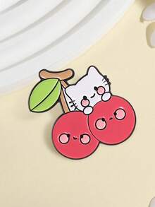 1pc Cute Cherry Cat Enamel Pin, Cartoon Kitty On Smiling Cherry, Sweet Fashion Accessory For Clothes And Backpacks, Gift For Cat And Fruit Lovers - Multicolor - View 6