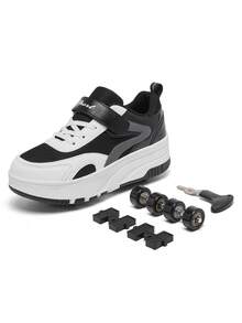 1 Paar Kinder Magic Hook Design 4-Räder Rollschuhe, abnehmbare Dual-Use dicke Sohle Low-Top Mesh süße Sport Rollschuhe, Kindergeschenk - Schwarz und Weiss - Übersicht 9